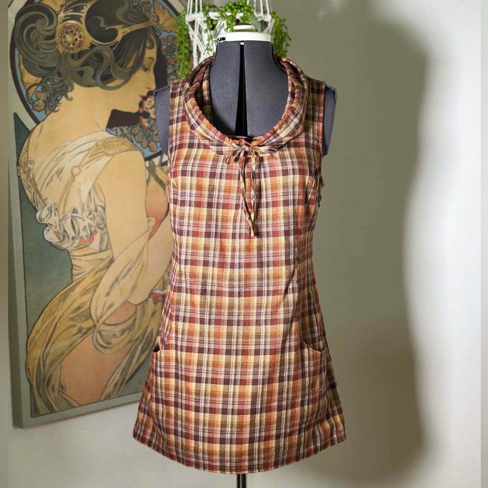 Patagonia Fortuity Brown Flannel Tunic Dress Plaid Cowl Neck & Side Pockets‎